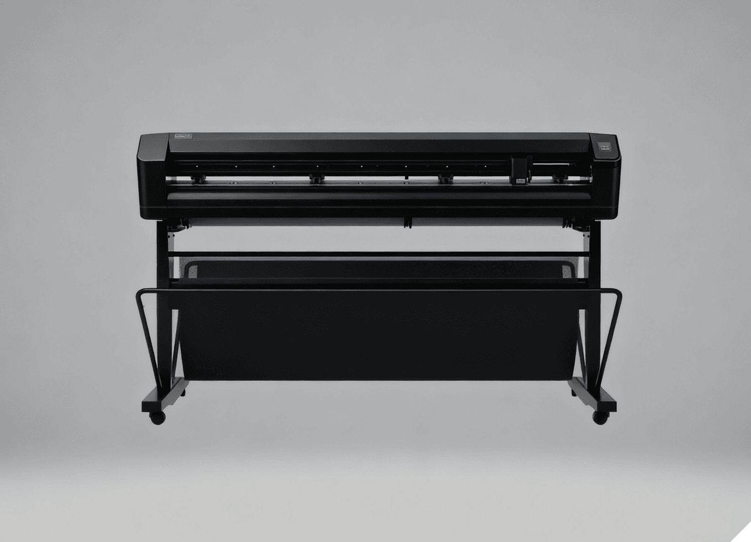 A wide-format vinyl cutter with a sleek black design on a light gray background, featuring a sturdy stand and rollers at the base.