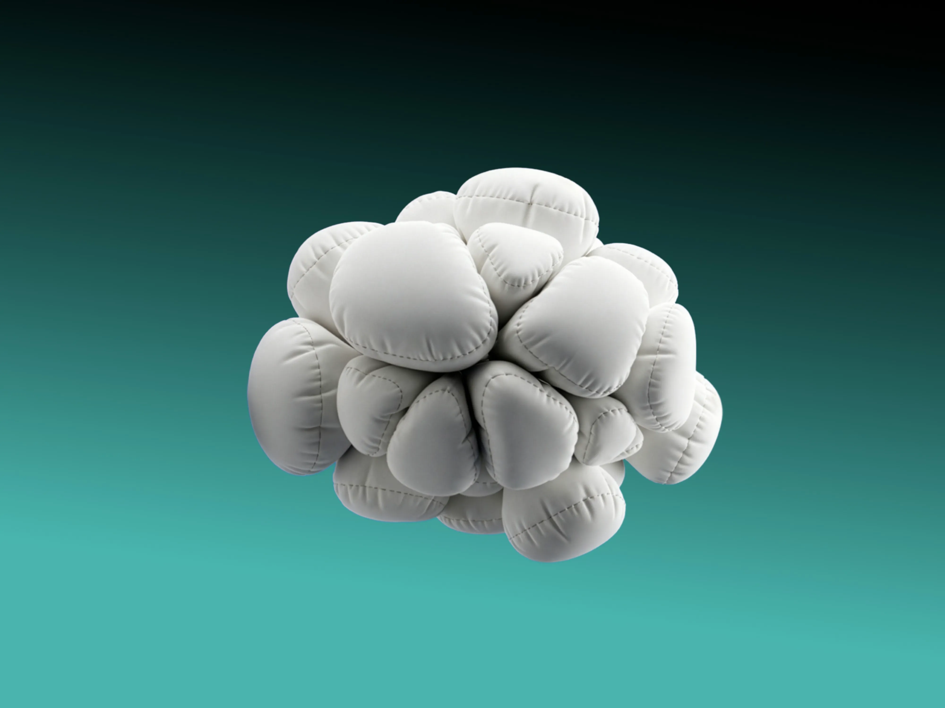 A cluster of white, cushion-like shapes resembling a geometric sphere, set against a gradient teal to black background.