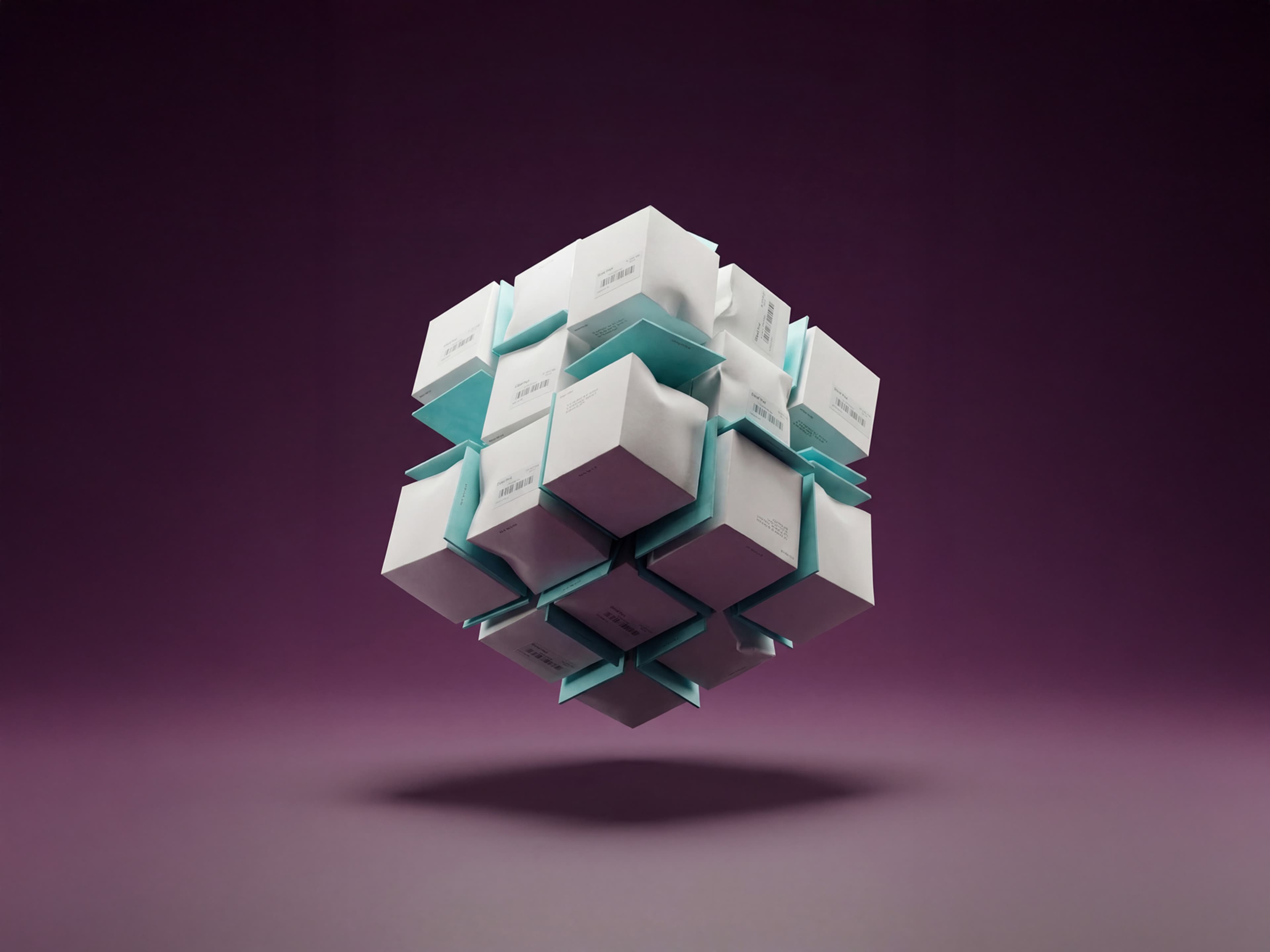 Floating cube composed of interlocked white and turquoise smaller cubes against a dark purple background.
