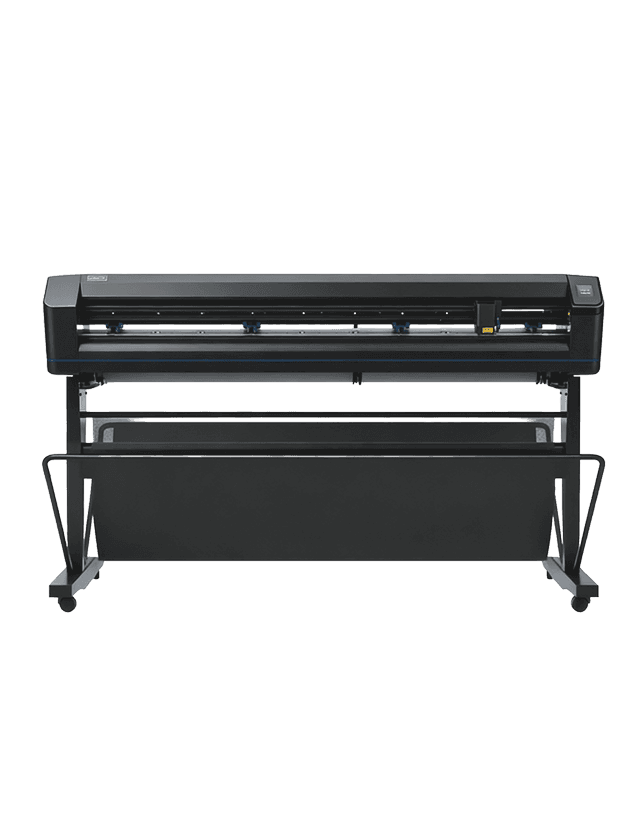 A large black vinyl cutting machine on a stand with a wide cutting area and a digital control panel on the right.