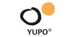 Black circular swirl with an orange circle above it, resembling a stylized letter "P," with "YUPO®" text beneath.