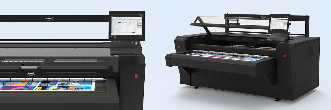 "Summa L1810 Gen 2.6 laser cutter in two perspectives: side view with open cover, showing sportswear fabric on the conveyor, and angled front view with closed cover, cutting sportswear fabric. The updated GoProduce Laser Edition software is visible on the new monitor.