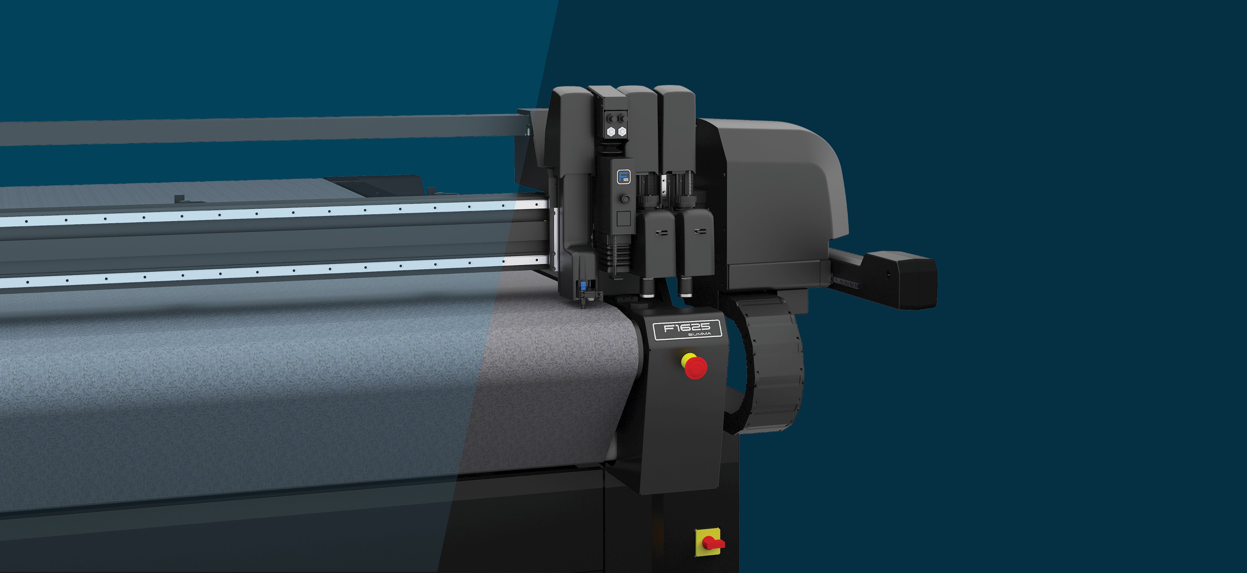 Image of the new F1625 flatbed cutter in front close-up
