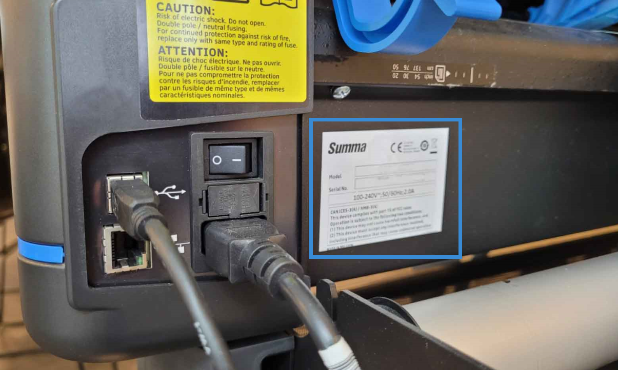 S One Serial Number on the back of the cutter body, just to the right of the power connections