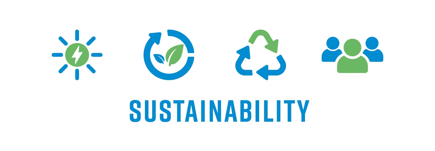 4 icons in blue and green representing: solar power, reusing, recycling and people are placed above the word 'Sustainability'
