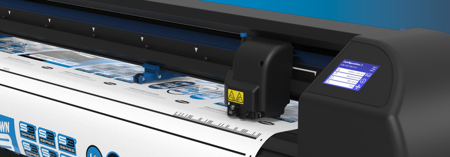 A Summa S Class 3 roll cutter is using its TC head with tangential knife to cut intricate stickers.